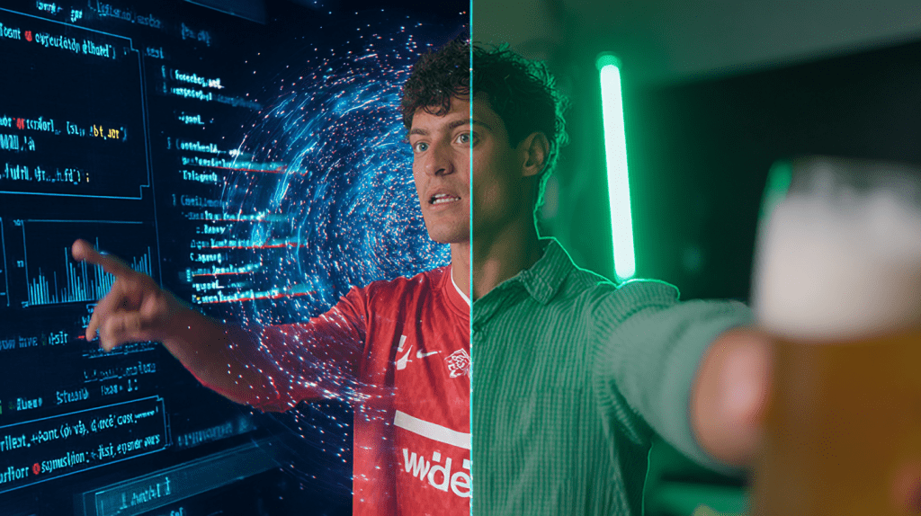 Split-screen image comparing two personas: the left side shows a man in a red sports jersey interacting with dynamic digital code and swirling AI data, while the right side shows the same man in casual clothes holding up a pint of beer in a dimly lit bar with green neon lights. The contrast highlights data-driven analysis versus casual, vibe-based betting.
ChatGPT can make mistakes. Check important info. See Cookie Preferences.
ChatGPT says: **Alt text:** Split-screen image comparing two personas: the left side shows a man in a red sports jersey interacting with dynamic digital code and swirling AI data, while the right side shows the same man in casual clothes holding up a pint of beer in a dimly lit bar with green neon lights. The contrast highlights data-driven analysis versus casual, vibe-based betting.